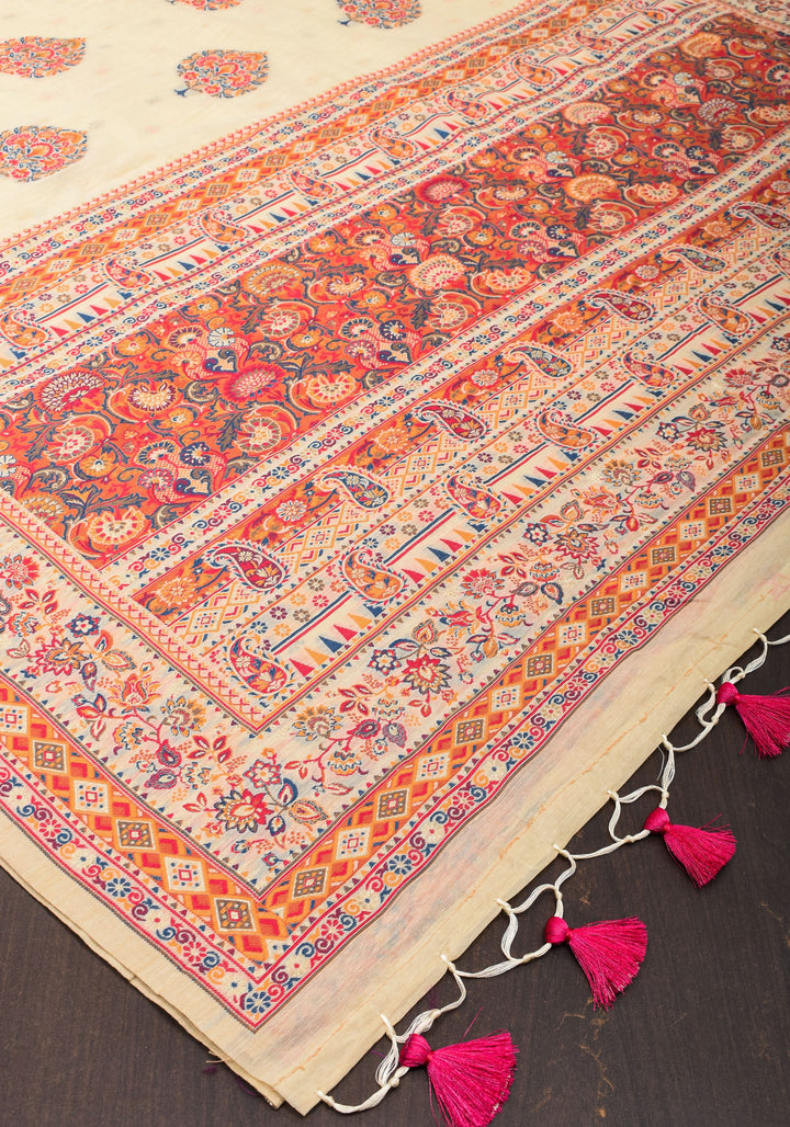 Cream and Red Rayon Saree with Floral Kani Design