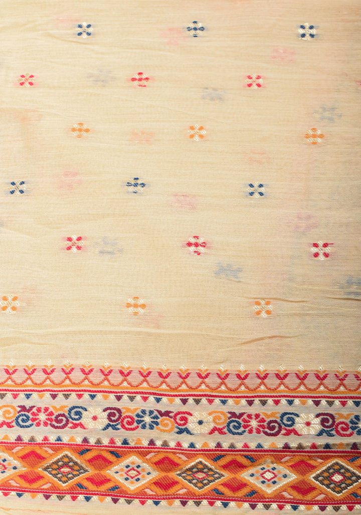 Cream and Red Rayon Saree with Floral Kani Design