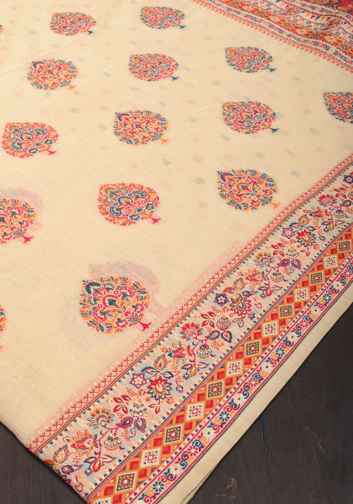 Cream and Red Rayon Saree with Floral Kani Design