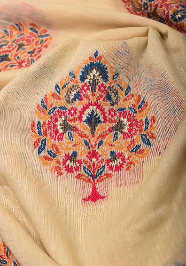Cream and Red Rayon Saree with Floral Kani Design