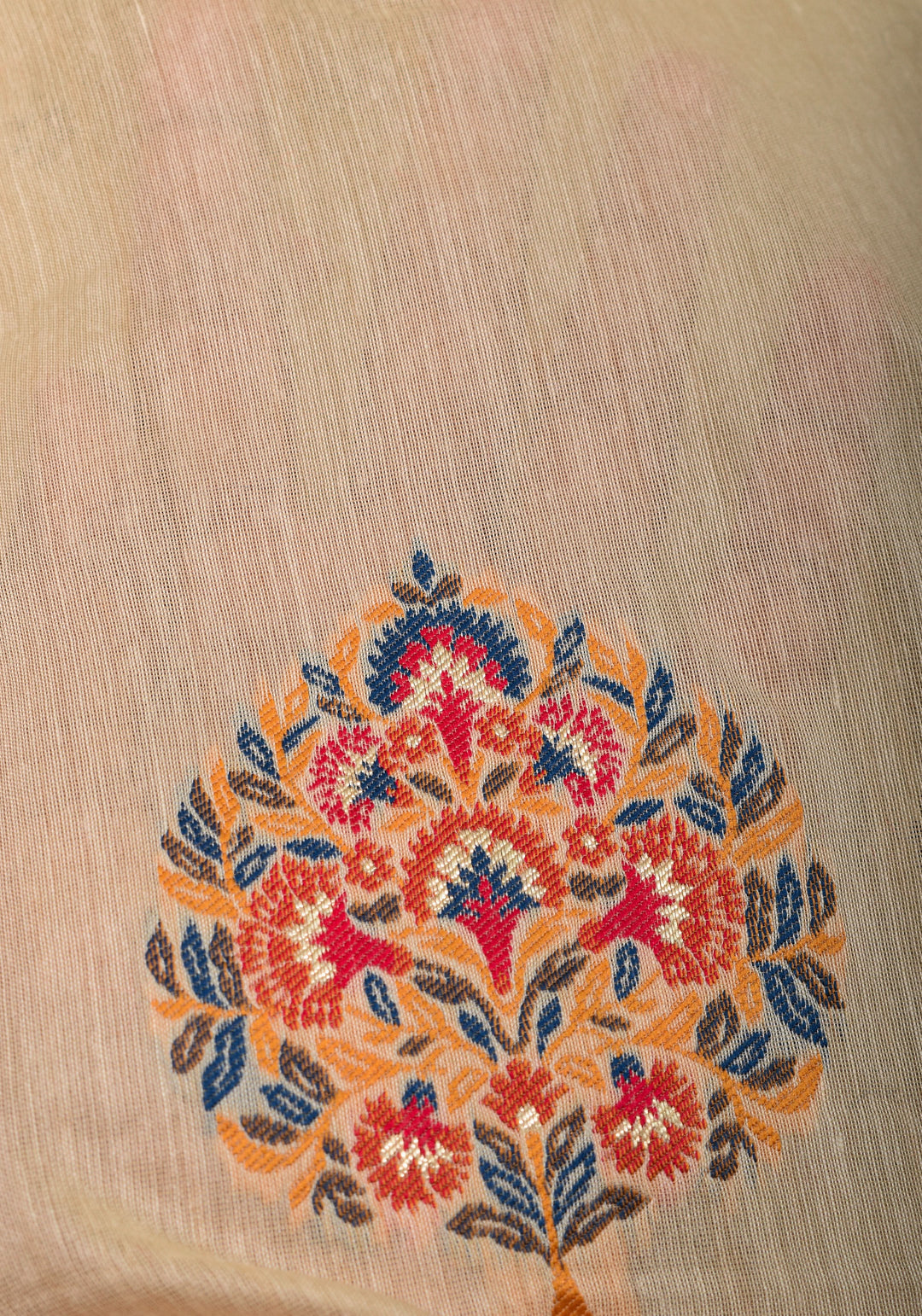 Cream and Red Rayon Saree with Floral Kani Design