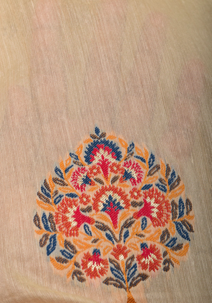 Cream and Red Rayon Saree with Floral Kani Design