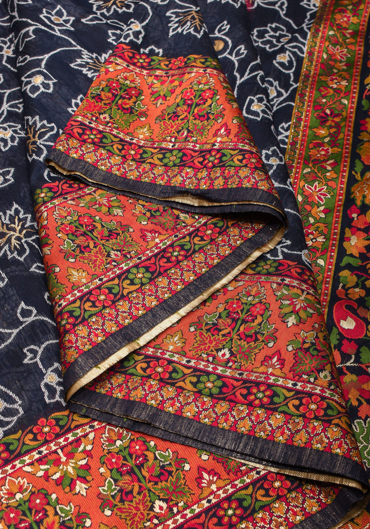 Charcoal Black Rayon Saree with Kani Design Floral Jaal  woven Motifs