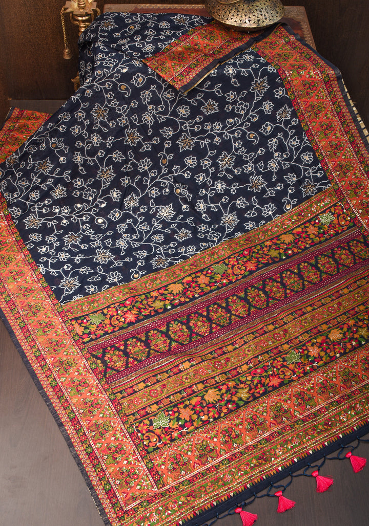Charcoal Black Rayon Saree with Kani Design Floral Jaal  woven Motifs