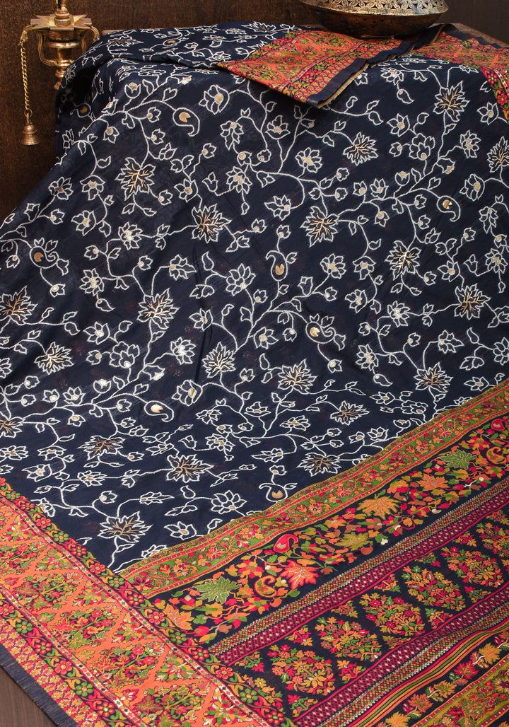 Charcoal Black Rayon Saree with Kani Design Floral Jaal  woven Motifs