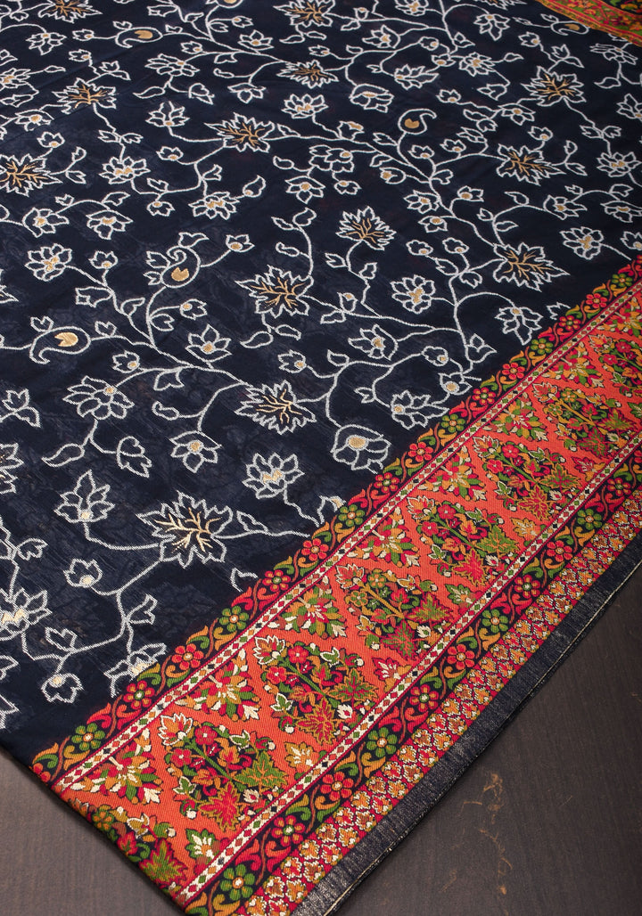Charcoal Black Rayon Saree with Kani Design Floral Jaal  woven Motifs