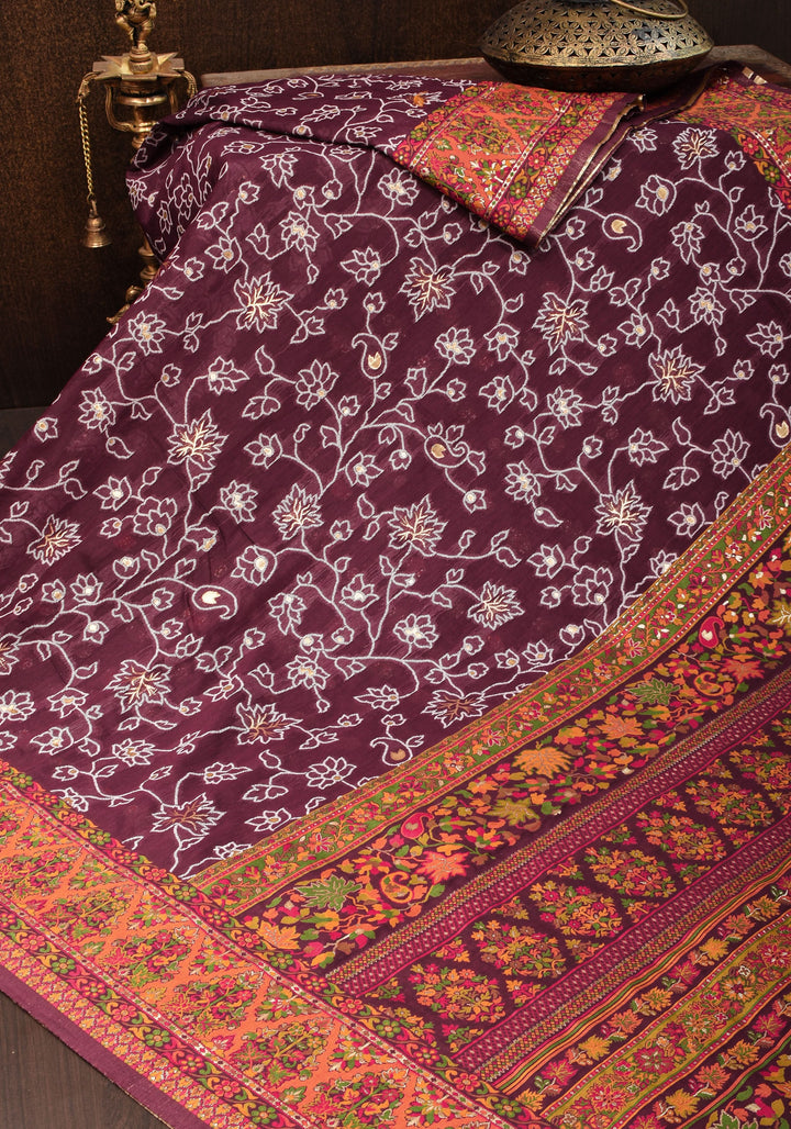 Aubergine Rayon Saree with Floral Jaal  woven Motifs