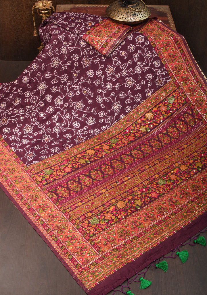 Aubergine Rayon Saree with Floral Jaal  woven Motifs