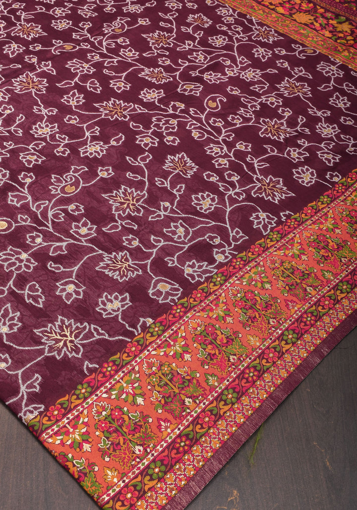 Aubergine Rayon Saree with Floral Jaal  woven Motifs