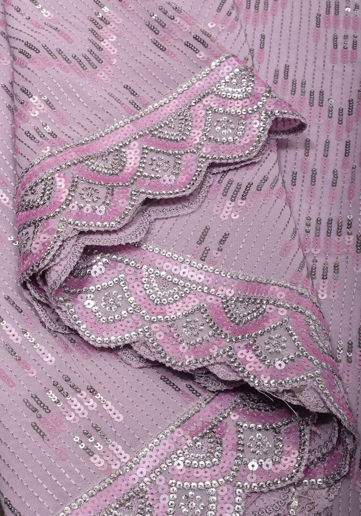 Full Sequins Embellished Georgette Saree in mauve with Scalloped border | SHOBITAM