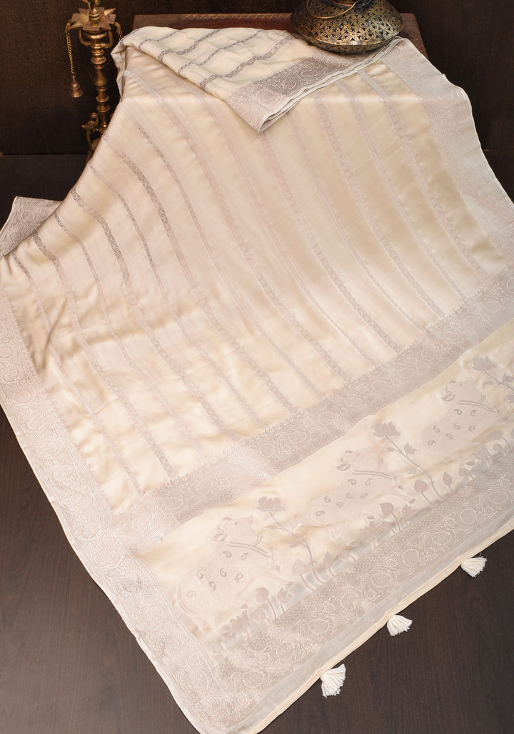Viscose Satin Saree With Silver Zari Stripes and Pichwai Pallu In off White