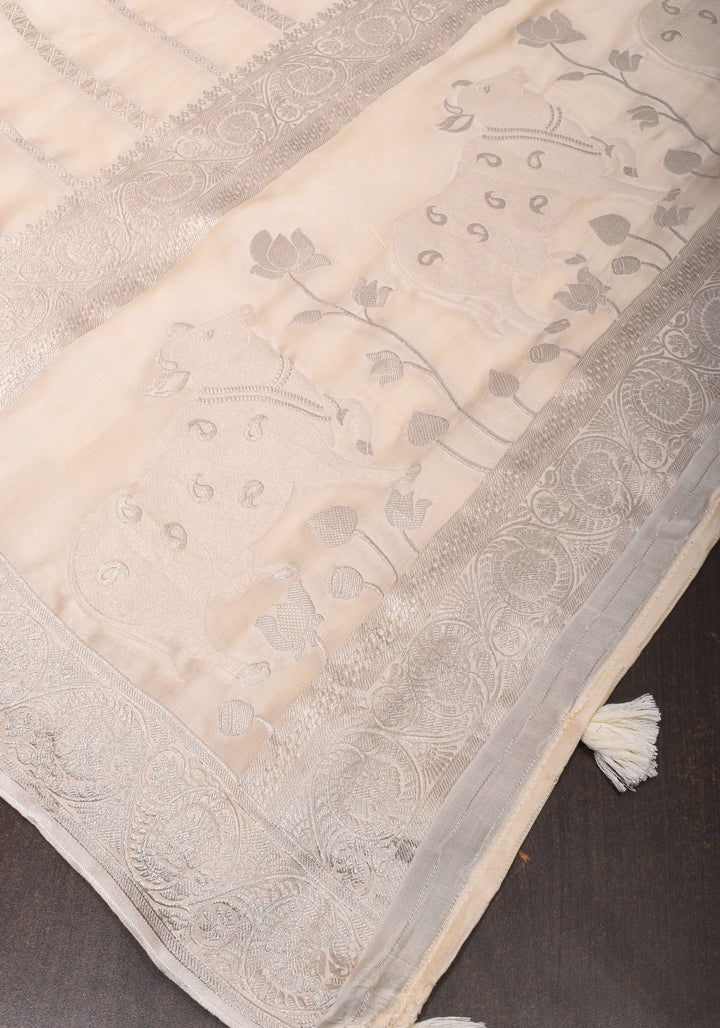 Viscose Satin Saree With Silver Zari Stripes and Pichwai Pallu In off White