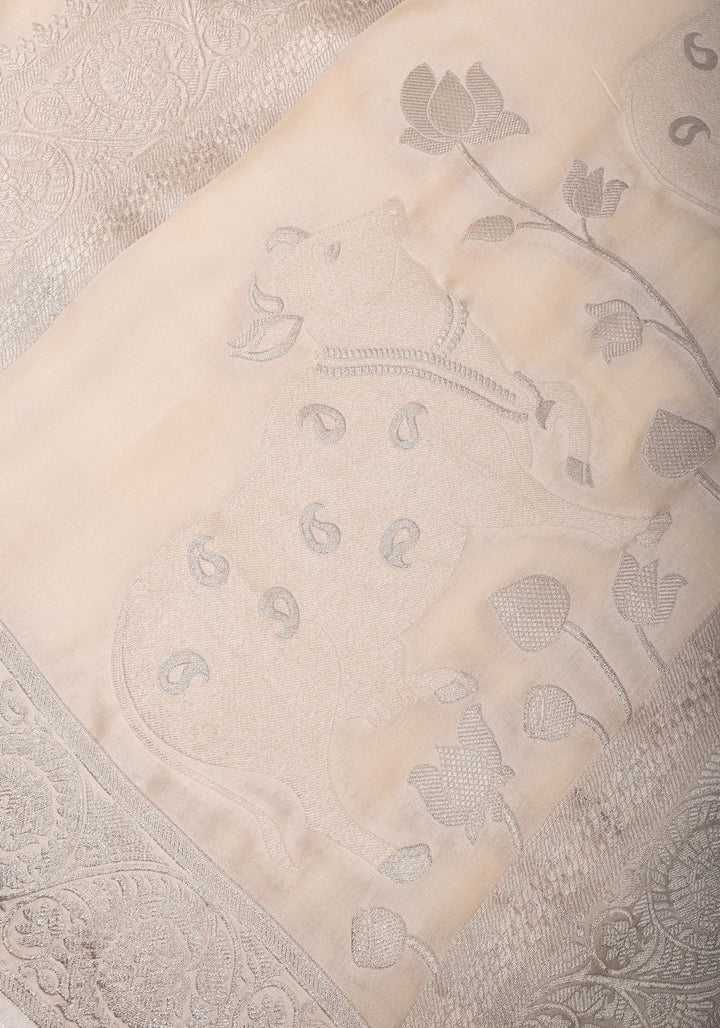 Viscose Satin Saree With Silver Zari Stripes and Pichwai Pallu In off White