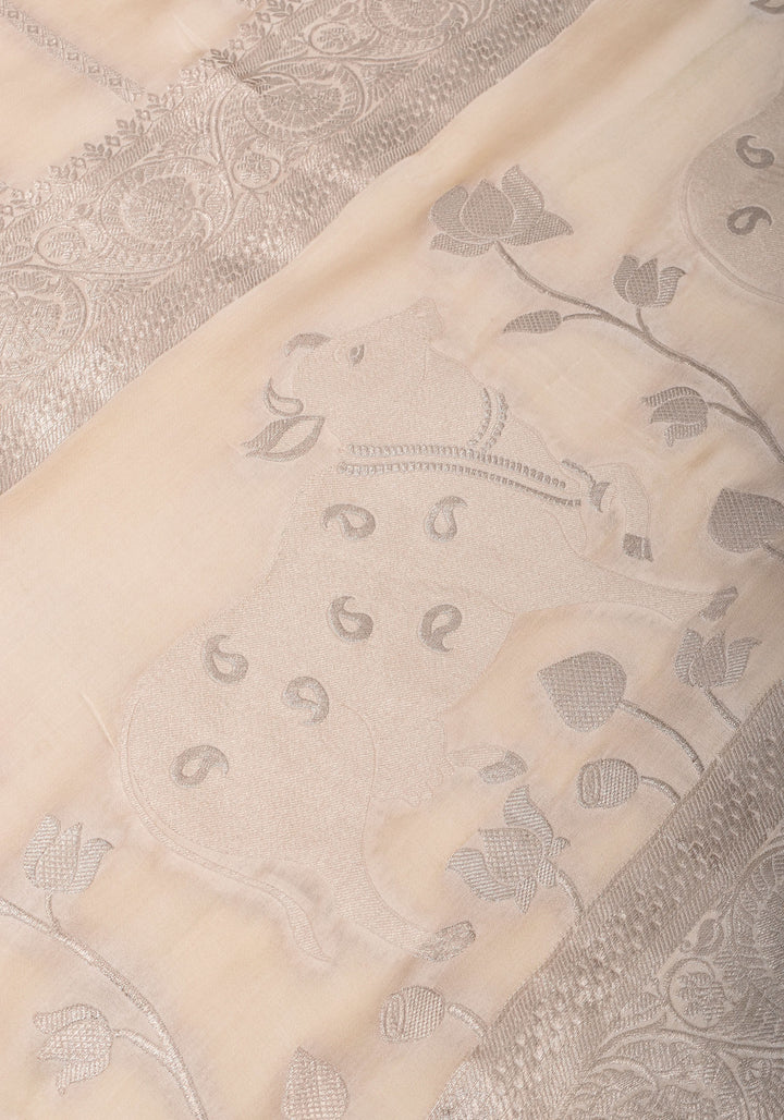 Viscose Satin Saree With Silver Zari Stripes and Pichwai Pallu In off White