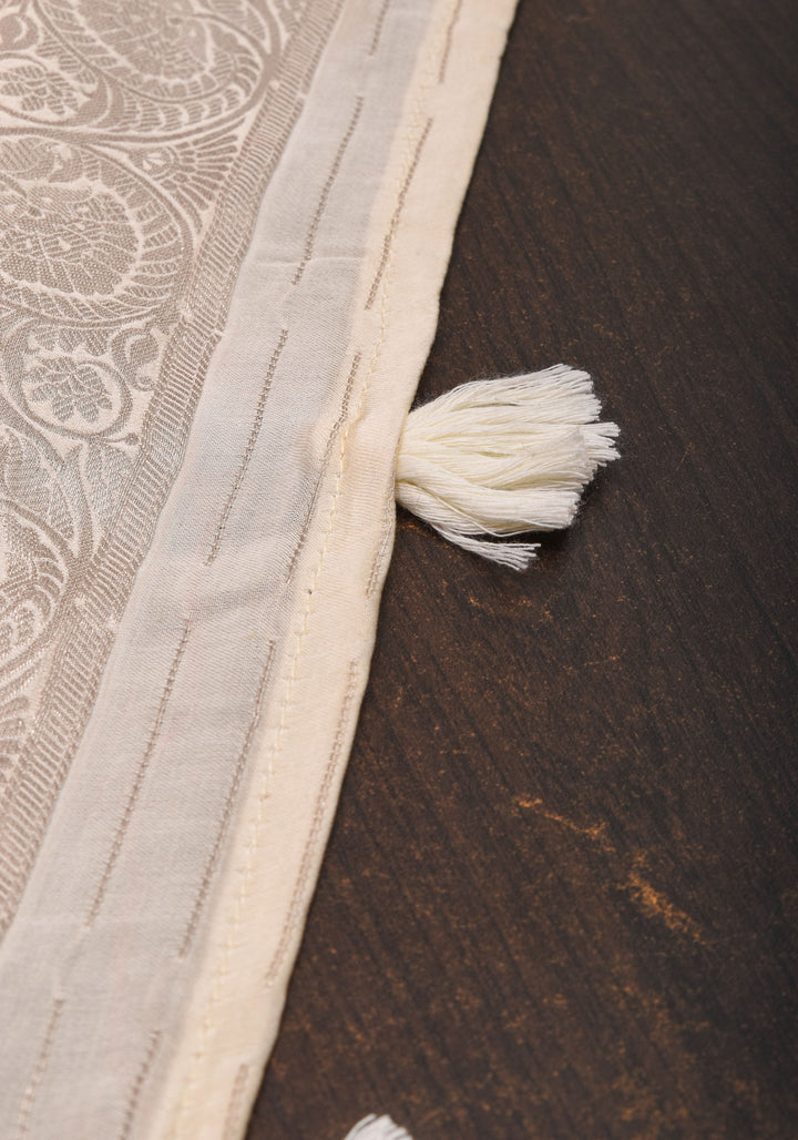 Viscose Satin Saree With Silver Zari Stripes and Pichwai Pallu In off White