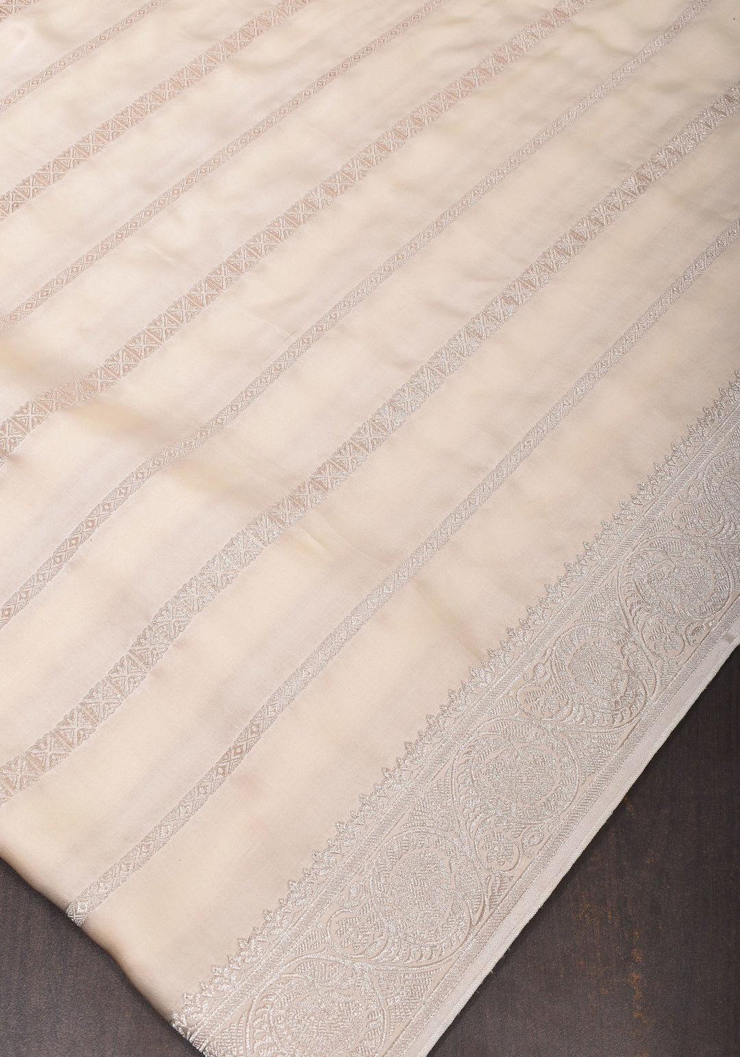 Viscose Satin Saree With Silver Zari Stripes and Pichwai Pallu In off White