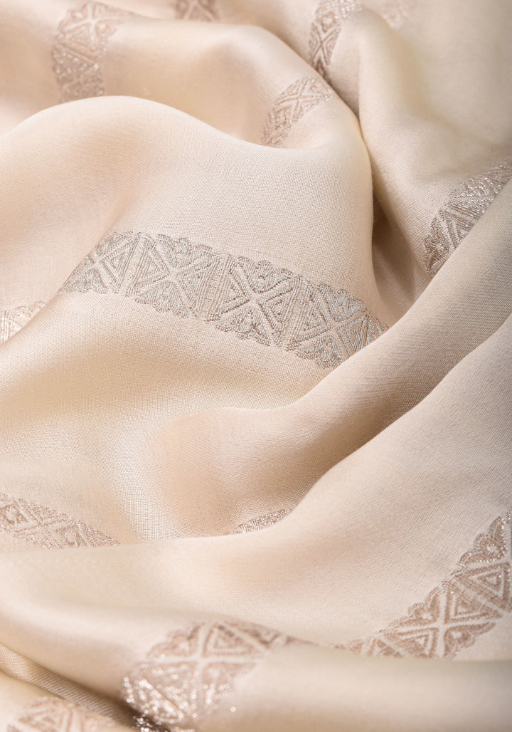 Viscose Satin Saree With Silver Zari Stripes and Pichwai Pallu In off White