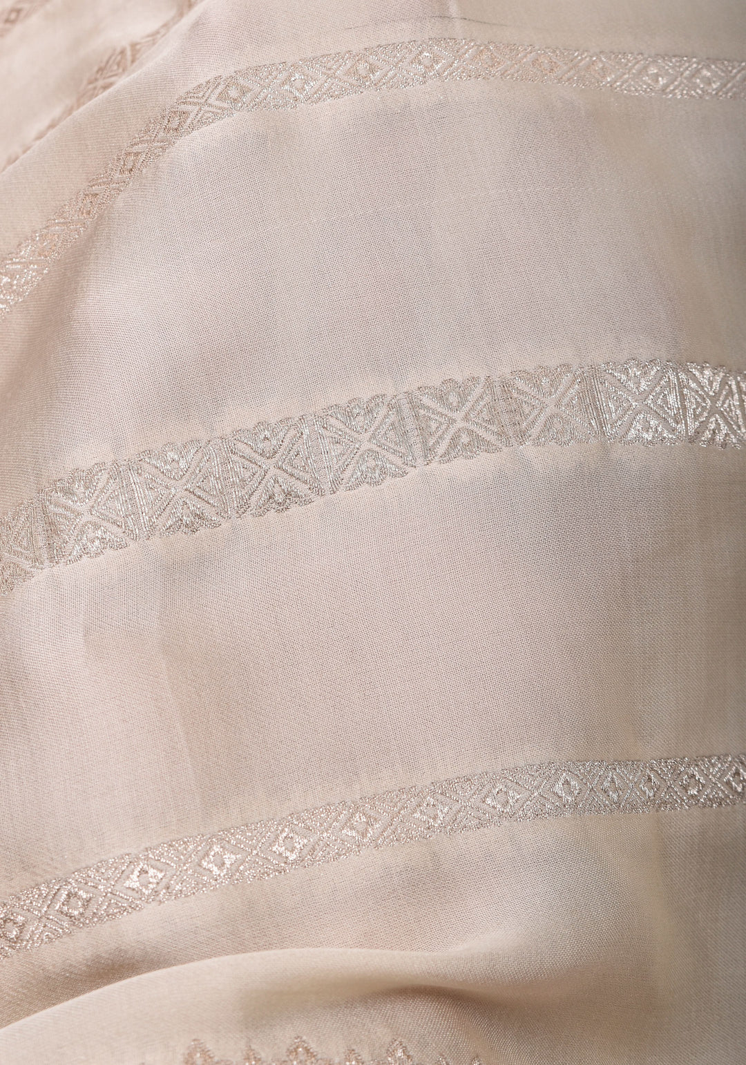 Viscose Satin Saree With Silver Zari Stripes and Pichwai Pallu In off White