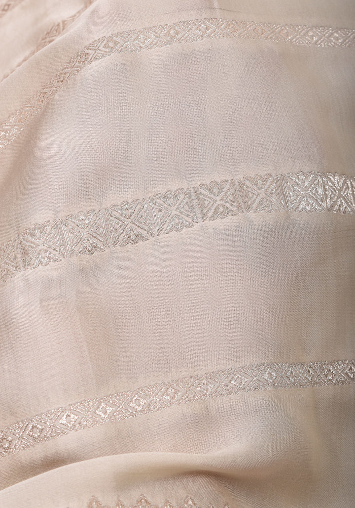 Viscose Satin Saree With Silver Zari Stripes and Pichwai Pallu In off White