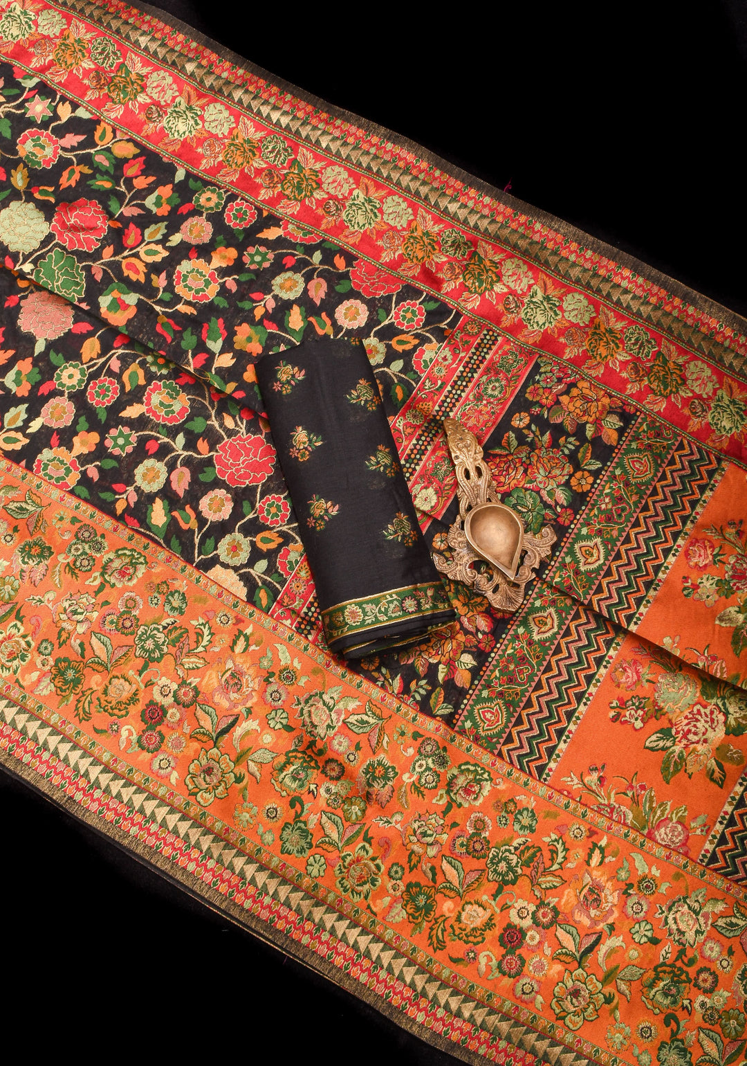 Kani Design with Floral Jaal in Black and Beige Rayon Saree| SHOBITAM