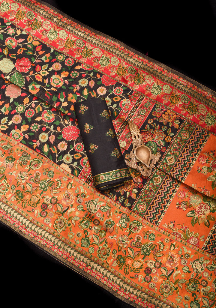 Kani Design with Floral Jaal in Black and Beige Rayon Saree| SHOBITAM