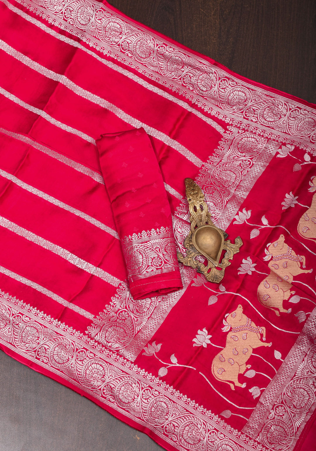 Elegant Viscose Satin Saree with Silver Zari Stripes and Pichwai Pallu in Reddish Pink