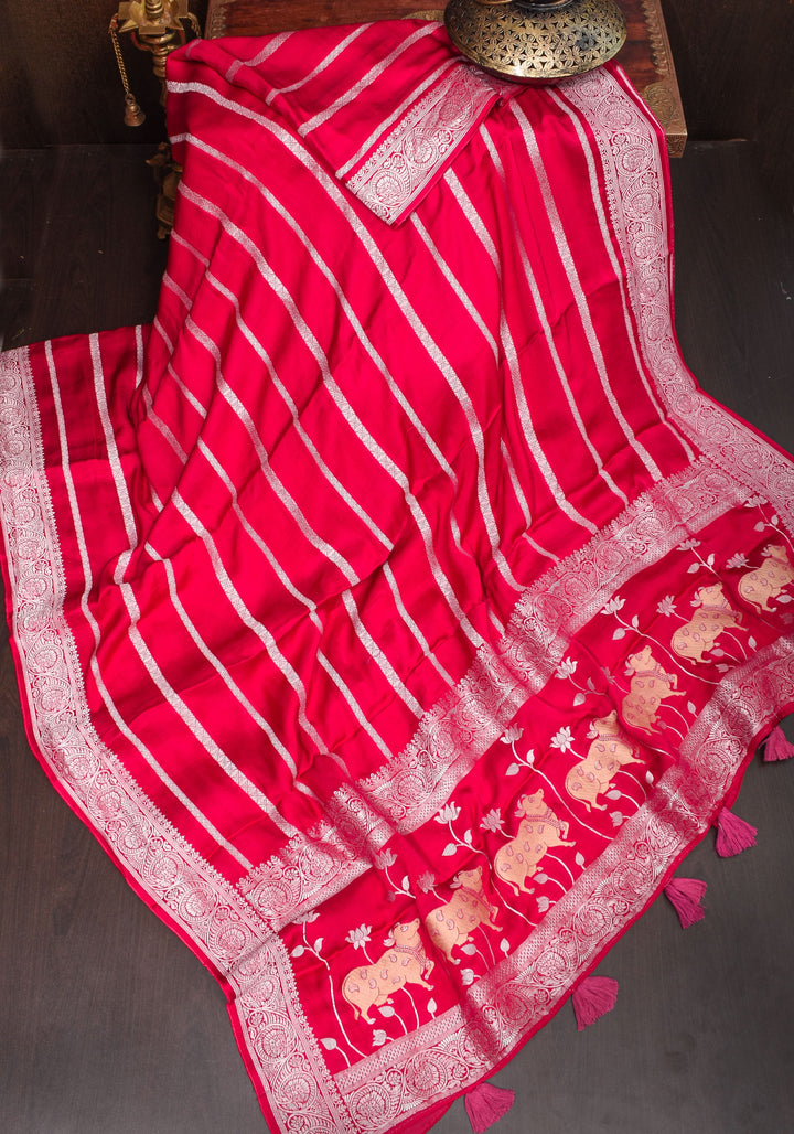 Elegant Viscose Satin Saree with Silver Zari Stripes and Pichwai Pallu in Reddish Pink