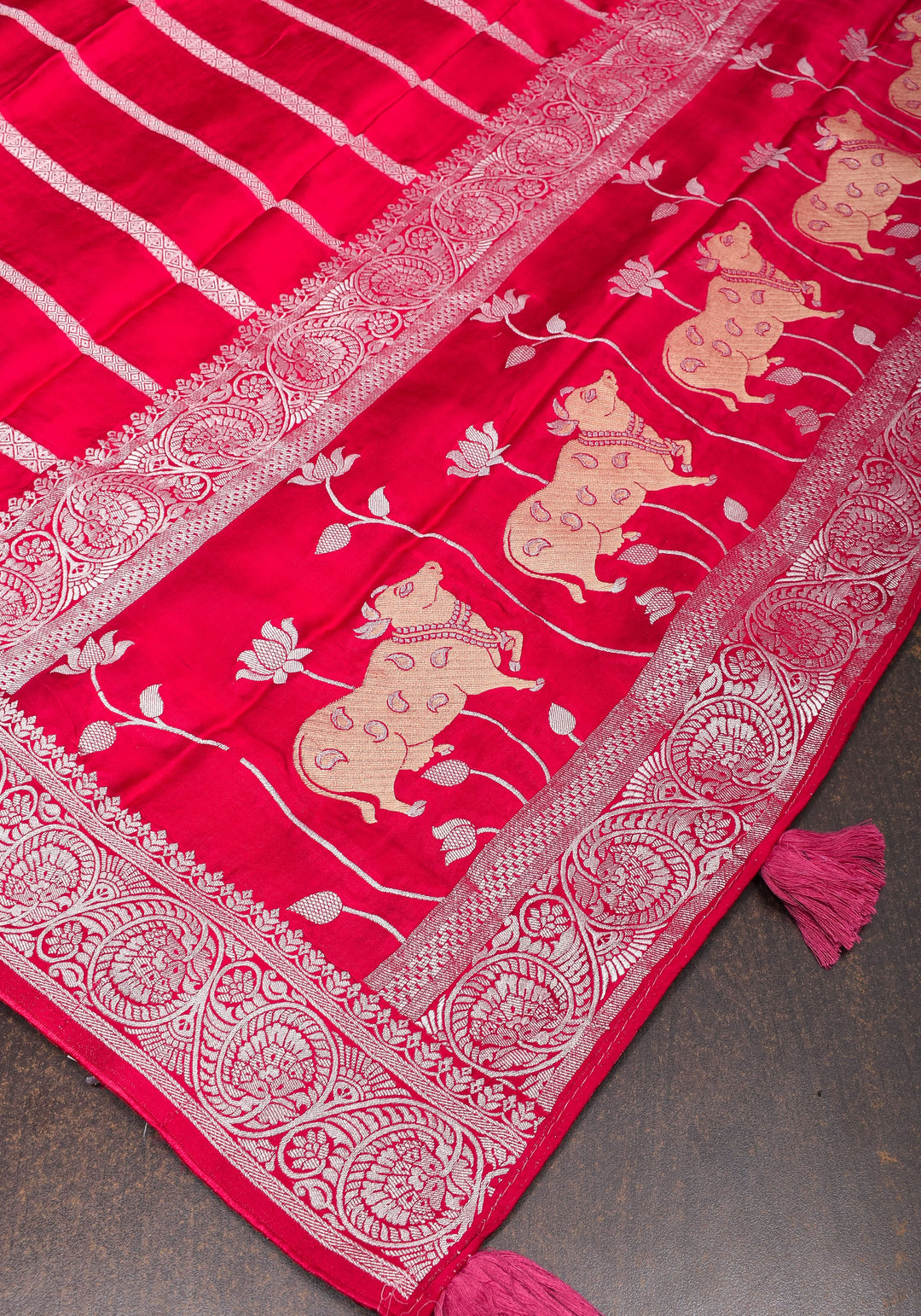 Elegant Viscose Satin Saree with Silver Zari Stripes and Pichwai Pallu in Reddish Pink