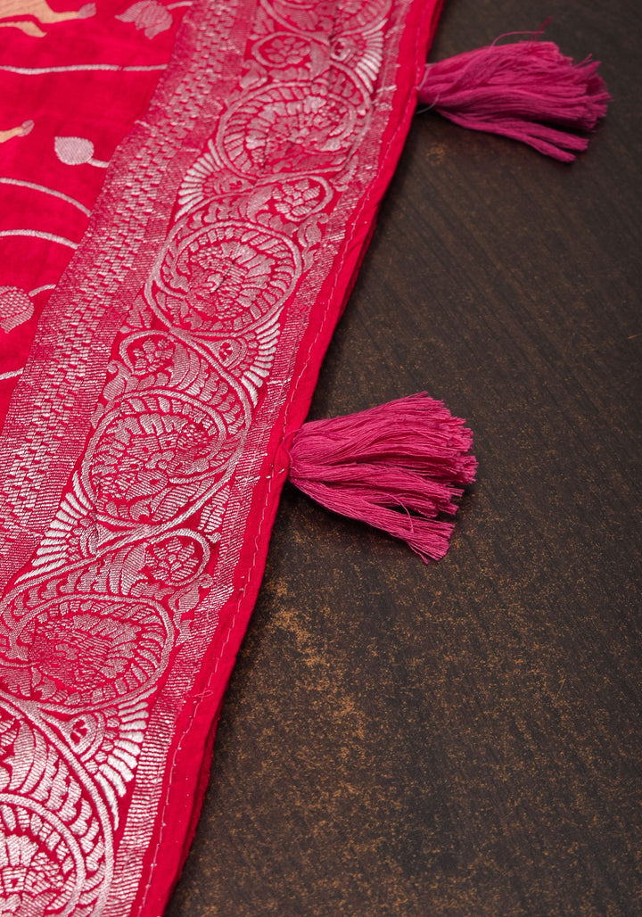 Elegant Viscose Satin Saree with Silver Zari Stripes and Pichwai Pallu in Reddish Pink