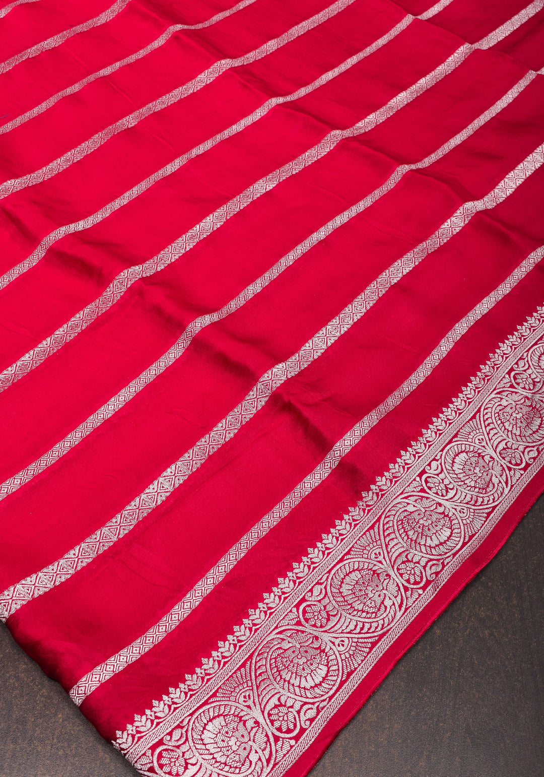 Elegant Viscose Satin Saree with Silver Zari Stripes and Pichwai Pallu in Reddish Pink