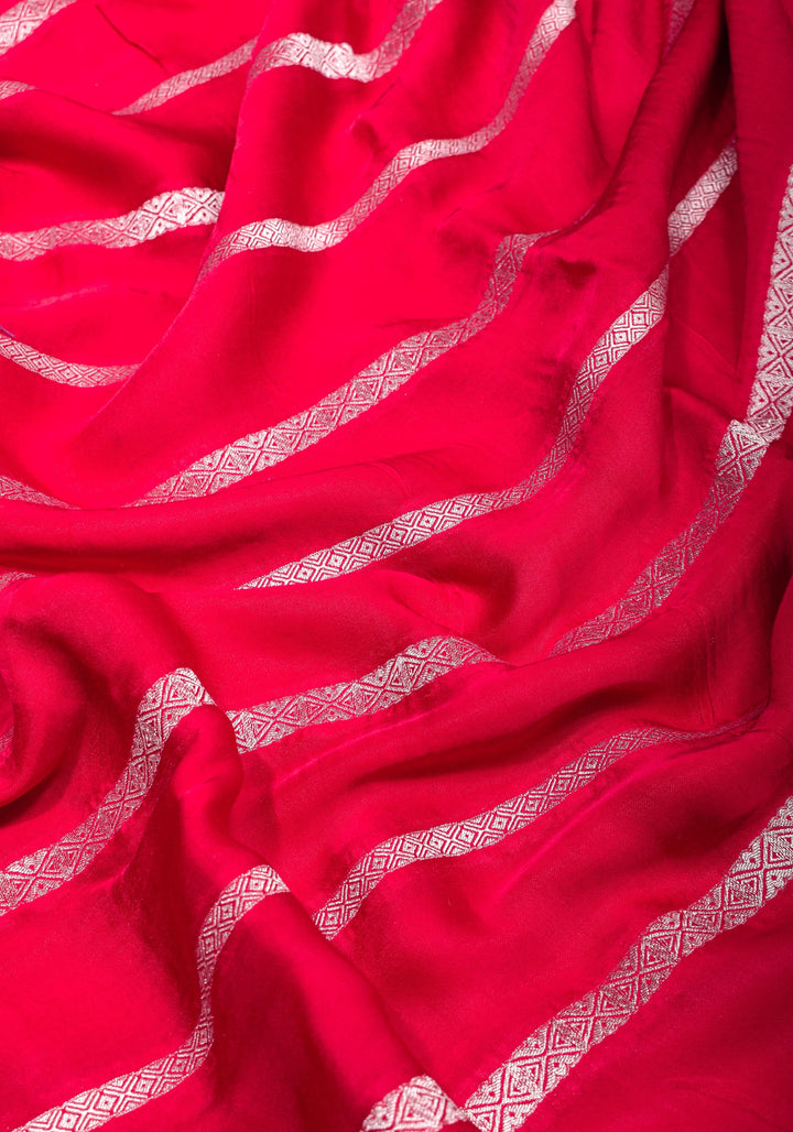 Elegant Viscose Satin Saree with Silver Zari Stripes and Pichwai Pallu in Reddish Pink