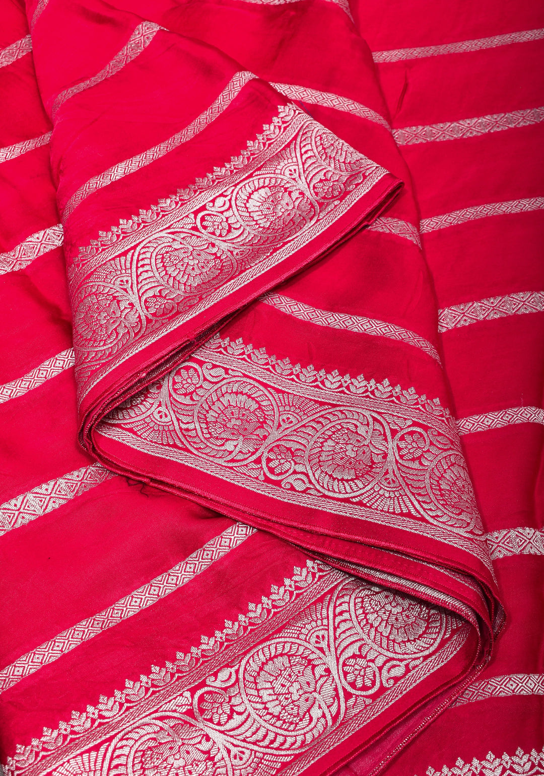 Elegant Viscose Satin Saree with Silver Zari Stripes and Pichwai Pallu in Reddish Pink