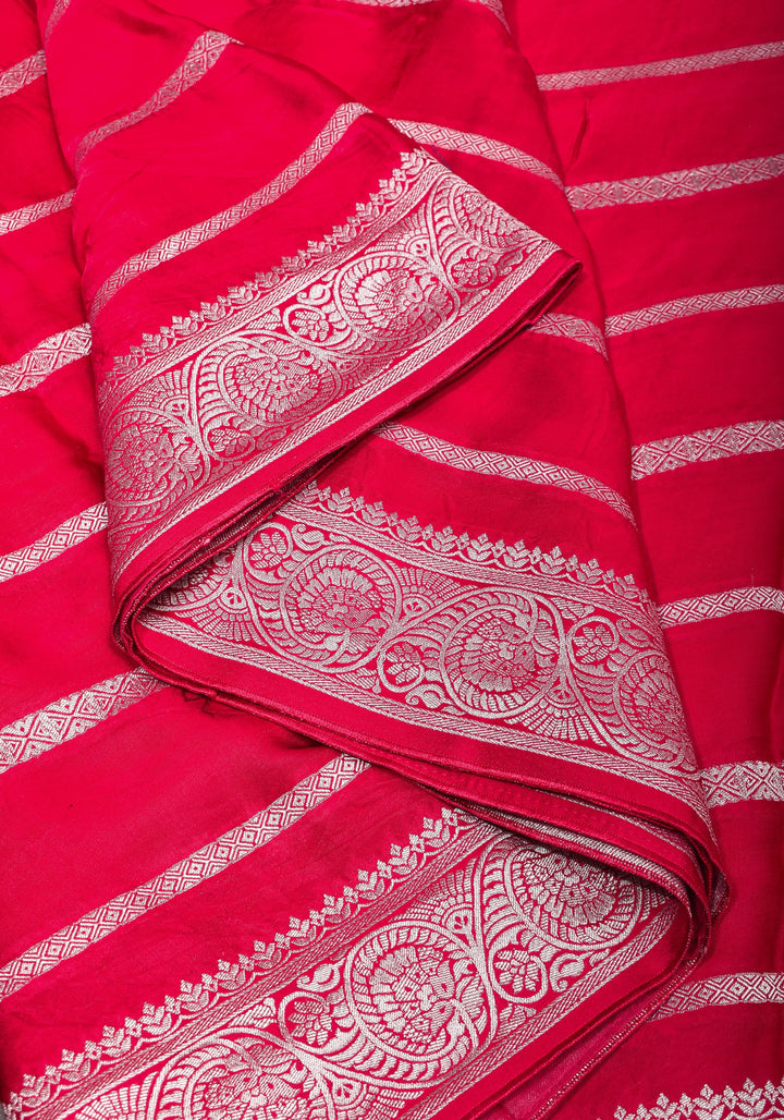Elegant Viscose Satin Saree with Silver Zari Stripes and Pichwai Pallu in Reddish Pink