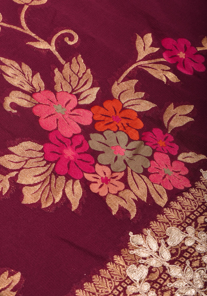 Maroon Georgette Saree with Meenakari Floral Jaal and Gottapatti Borders