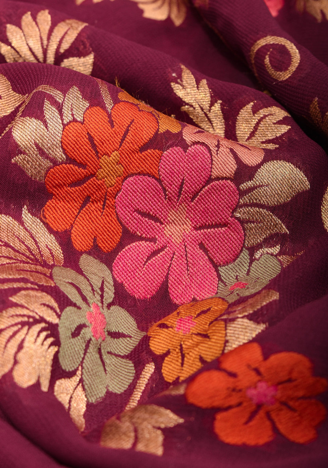 Maroon Georgette Saree with Meenakari Floral Jaal and Gottapatti Borders