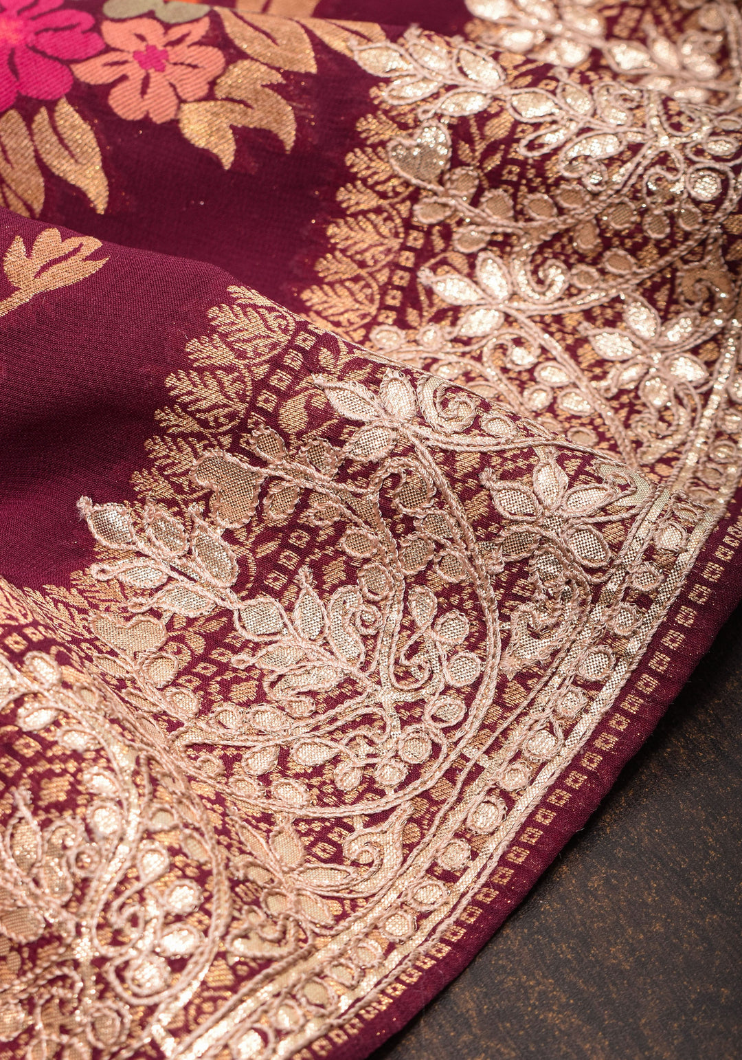Maroon Georgette Saree with Meenakari Floral Jaal and Gottapatti Borders