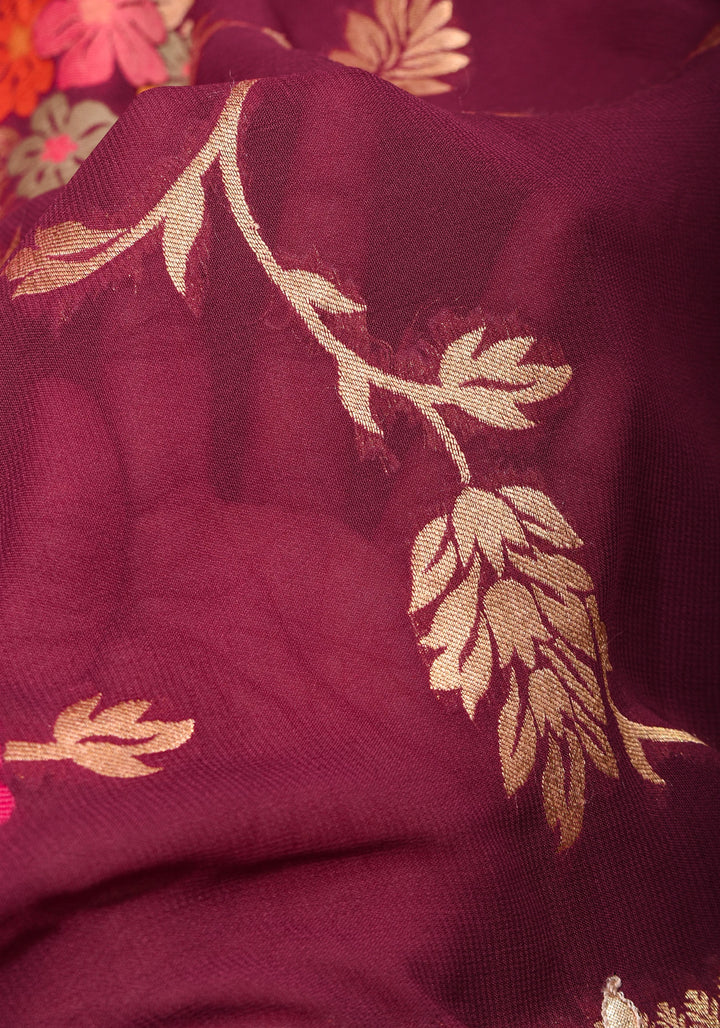 Maroon Georgette Saree with Meenakari Floral Jaal and Gottapatti Borders
