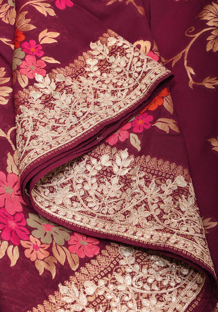 Maroon Georgette Saree with Meenakari Floral Jaal and Gottapatti Borders
