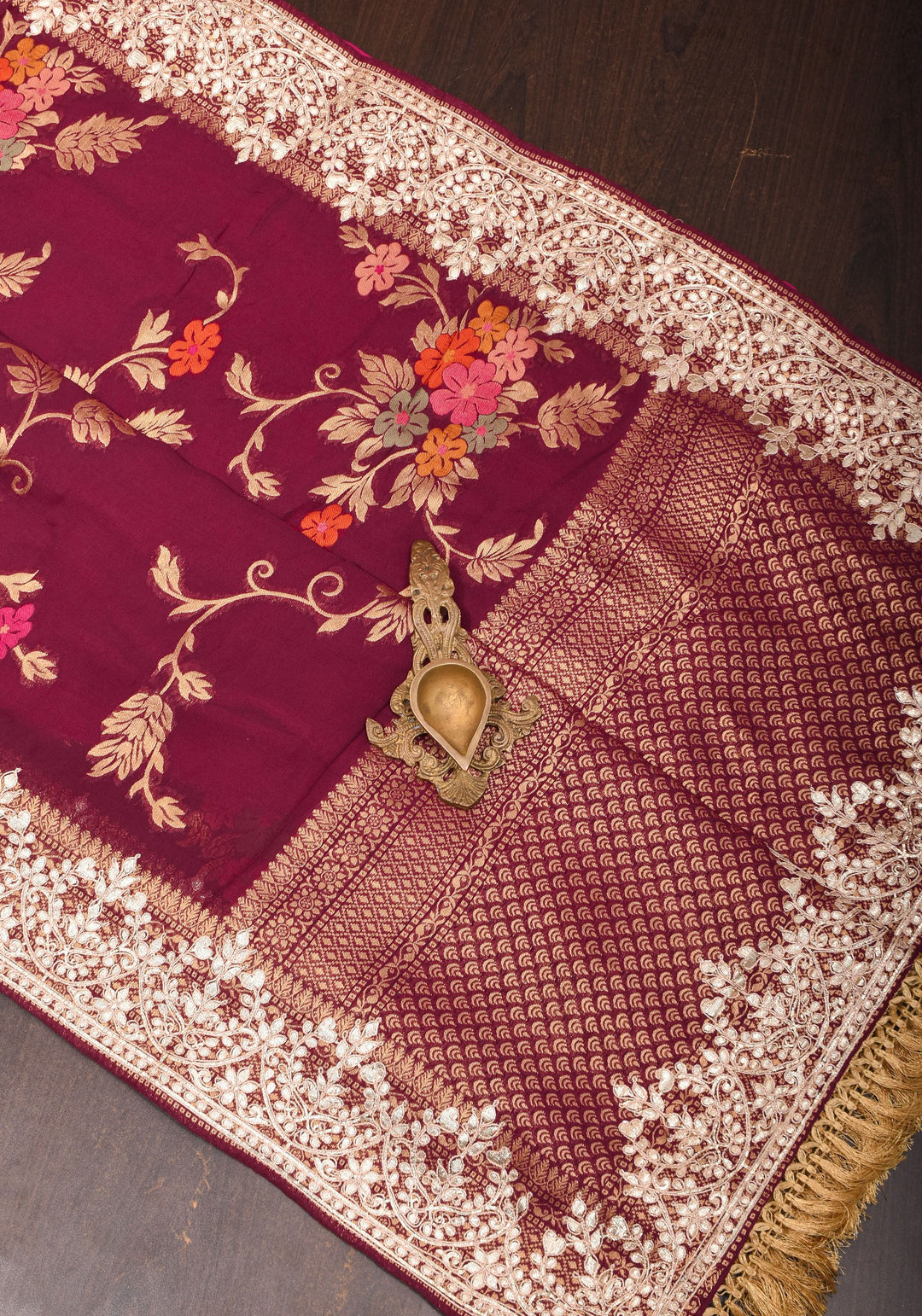 Maroon Georgette Saree with Meenakari Floral Jaal and Gottapatti Borders