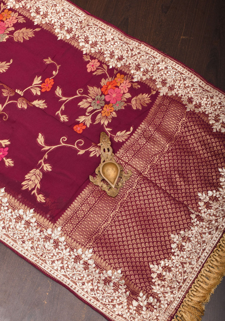 Maroon Georgette Saree with Meenakari Floral Jaal and Gottapatti Borders