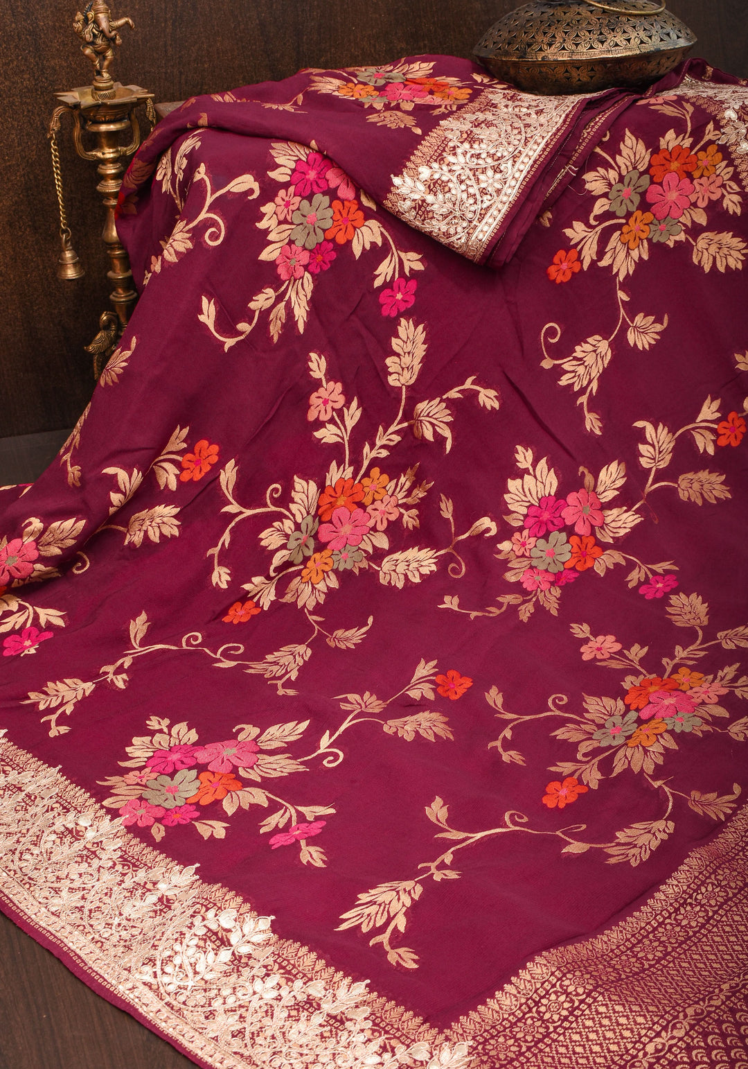 Maroon Georgette Saree with Meenakari Floral Jaal and Gottapatti Borders