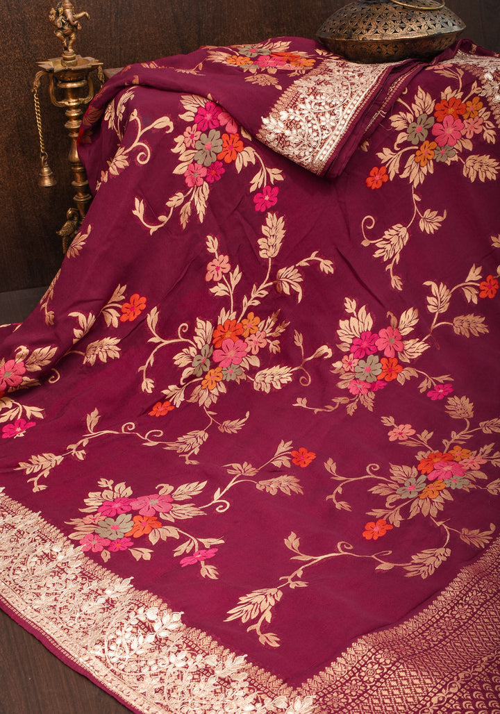 Maroon Georgette Saree with Meenakari Floral Jaal and Gottapatti Borders
