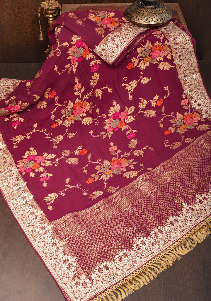 Maroon Georgette Saree with Meenakari Floral Jaal and Gottapatti Borders