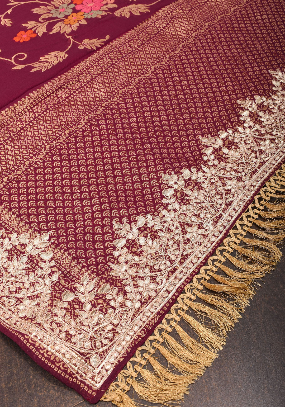 Maroon Georgette Saree with Meenakari Floral Jaal and Gottapatti Borders