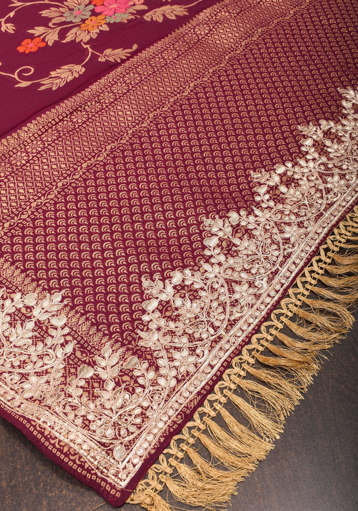 Maroon Georgette Saree with Meenakari Floral Jaal and Gottapatti Borders