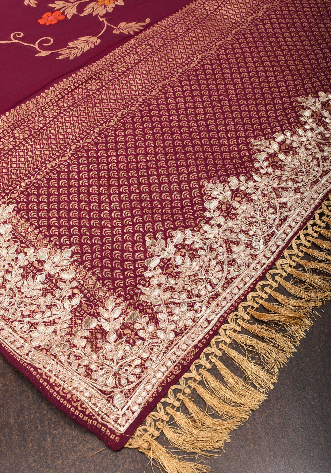 Maroon Georgette Saree with Meenakari Floral Jaal and Gottapatti Borders