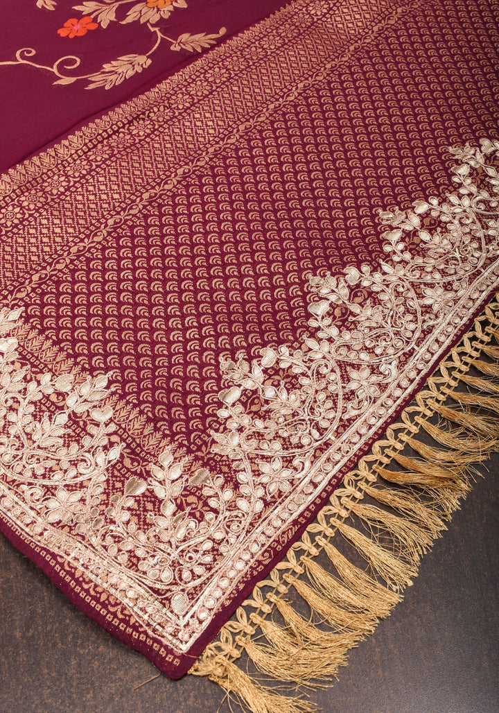 Maroon Georgette Saree with Meenakari Floral Jaal and Gottapatti Borders