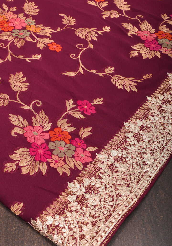 Maroon Georgette Saree with Meenakari Floral Jaal and Gottapatti Borders