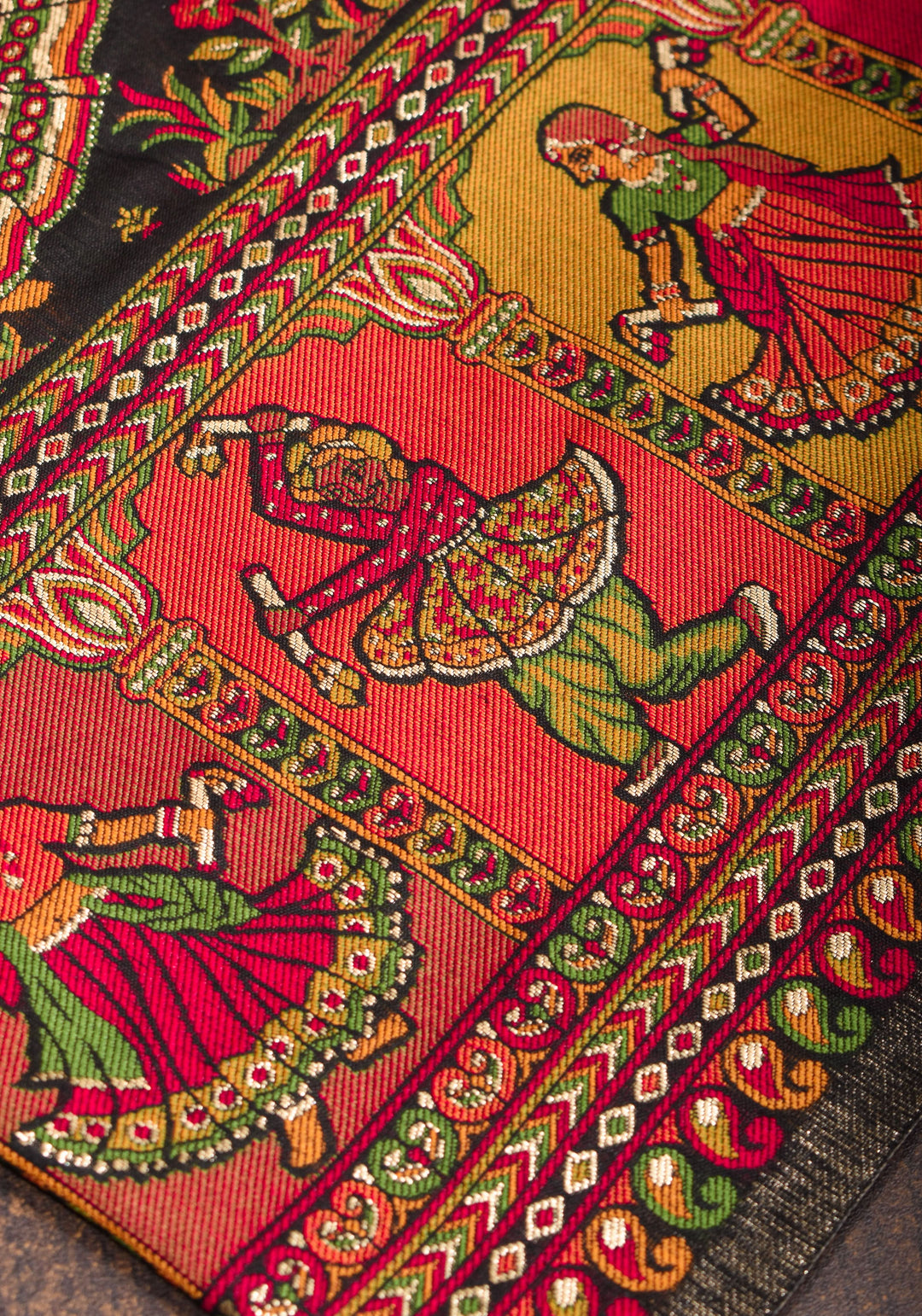 Rayon Saree in Kani Design and Floral Jaal in Black with Dandiya Dancers on pallu and Borders