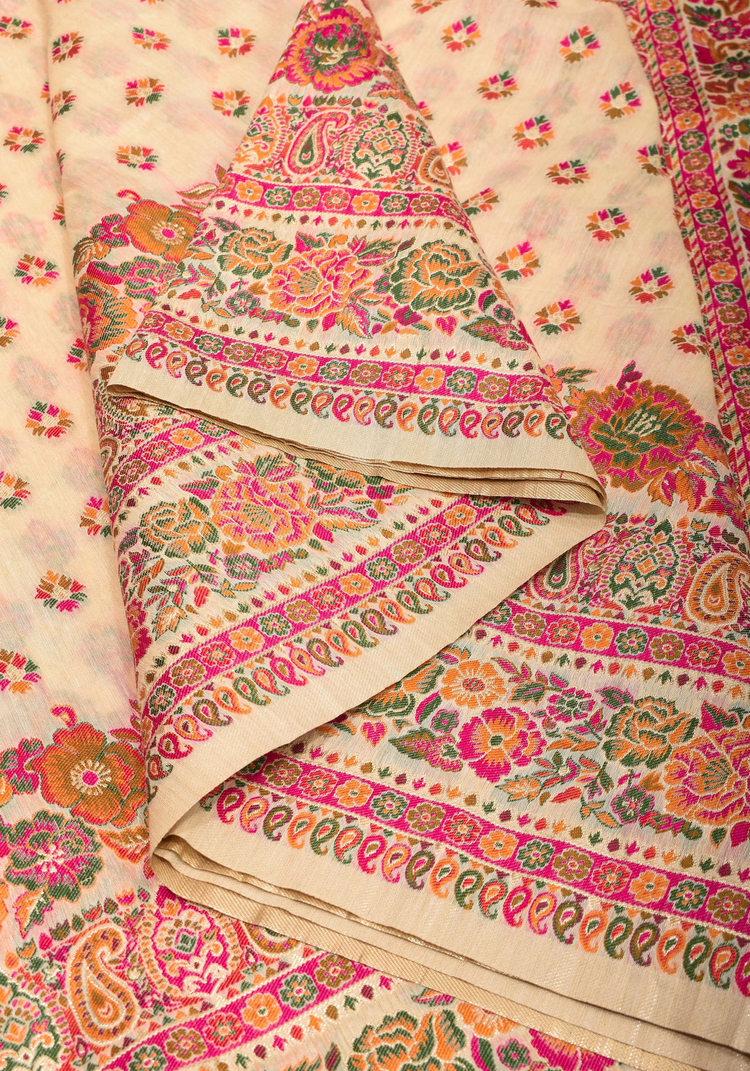 Beige Rayon Saree in Kani Style with wide Floral Borders